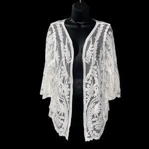 RACHEL ZOE Women's Lace Mesh Open Front Cover Up Kimono White One Size Swimwear